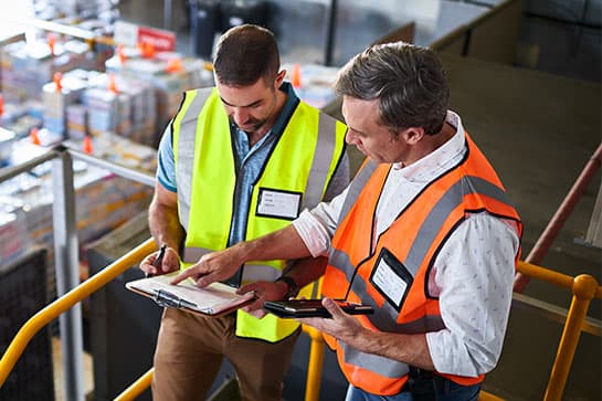 Two workers reviewing information on a clipboard in a warehouse